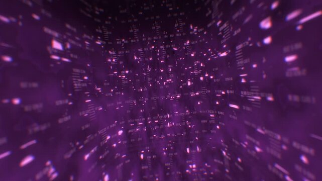 Futuristic purple data center corridor with floating cyber code fragments and glowing violet illumination in a 3D motion graphic