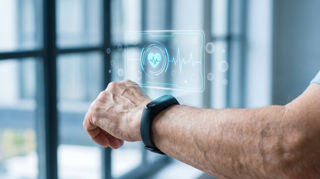 Black smart wristband wearable tech projecting blue holographic health data interface pulse monitor.