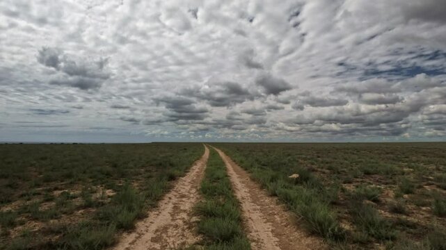 Forward movement along dirt road through grassland