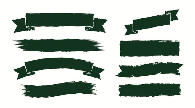 Collection of distressed dark green banners with rough edges on a white background, perfect for graphic design elements