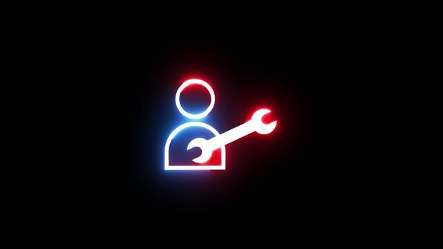 Neon user service icon glowing animation with flickering red and blue lights on black back.