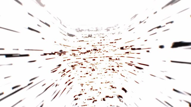 High speed data stream tunnel with dark pixel code particles exploding across a high key white background in a 3D motion animation