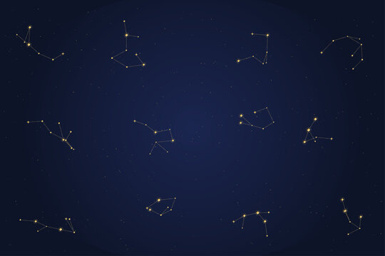 Constellations gold on navy night sky twelve star maps