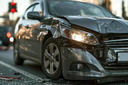 Damaged car accident urban street crumpled hood broken headlight collision vehicle transportation emergency insurance claim stressful scene daylight city metal safety concern road