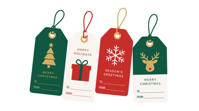 Four Christmas gift tags with holiday symbols and messages