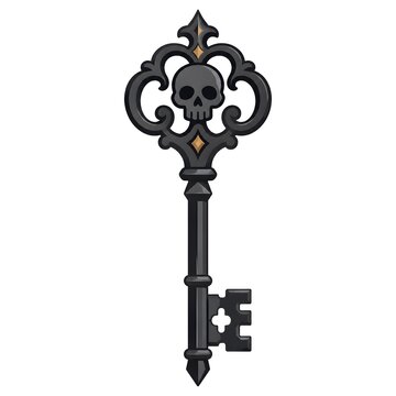 Gothic Skeleton Key with Skull Ornament Vector Illustration Isolated on White Background