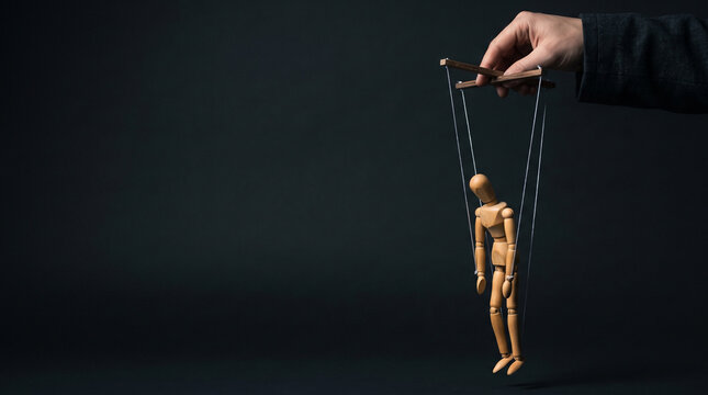 Hand controlling a wooden marionette figure on strings against dark background