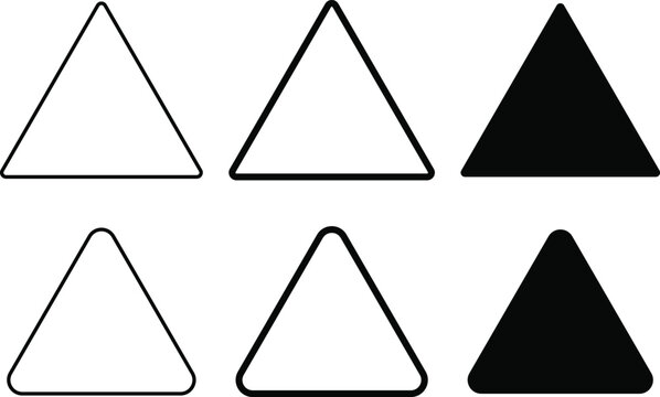 Triangle icon set. Geometric shape and warning direction pyramid symbol. Black sharp and rounded triangle collection
