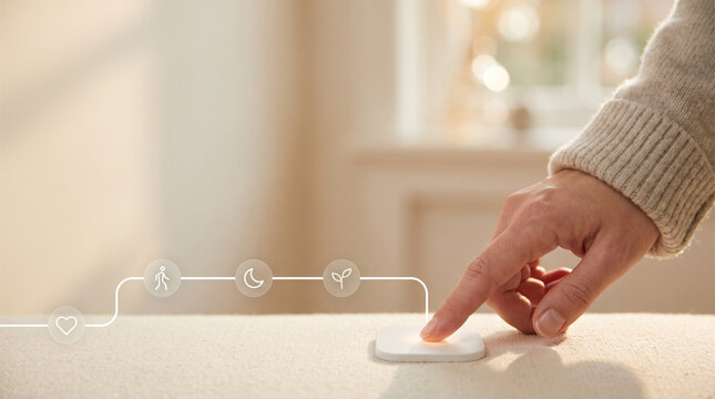 Finger pressing a smart home button with health and sleep tracking icons