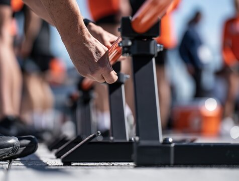 Rowers Hand Gripping Oar in Rowing Machine Close-Up