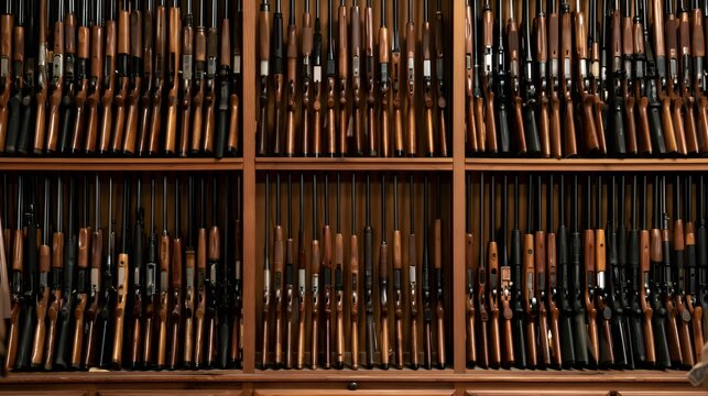 Rifles and shotguns displayed in a gun cabinet