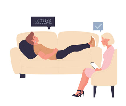 Therapist session for mental disorder. Psychiatric counsel programma vector illustration
