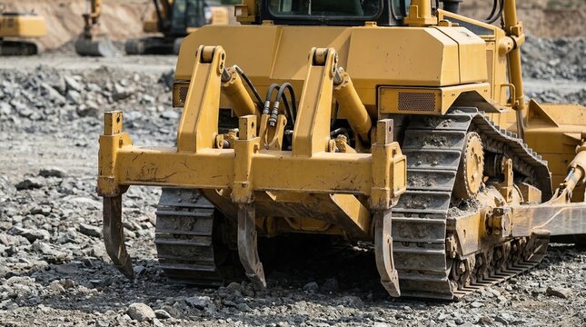Rear view of a yellow bulldozer with a multi shank ripper. Heavy duty construction machinery on rocky ground. Industrial earthmoving equipment at work site