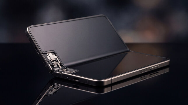 Foldable smartphone prototype with an exposed mechanical hinge structure rests on a reflective dark surface to demonstrate cutting-edge mobile engineering, dual screen innovations, and digital power.