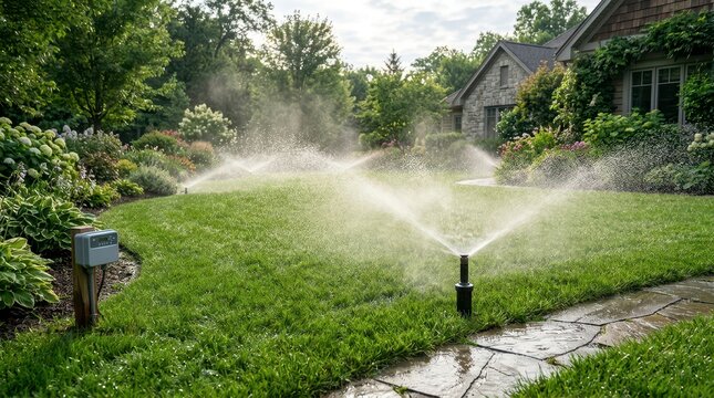Smart Irrigation System Watering a Lush Green Garden in a Residential Landscape with Sprinklers and Sunshine