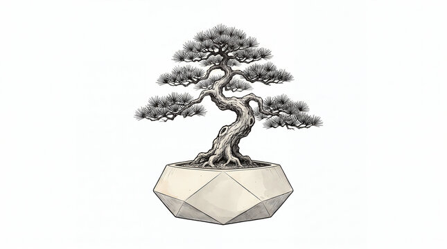 Detailed illustration of a perfectly pruned minimalist pine bonsai tree resting in a sleek modern geometric concrete pot. Traditional fine ink art isolated on a solid white background.