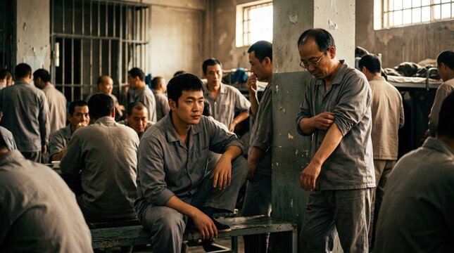 Incarcerated men in a crowded detention facility. Prisoners in grey uniforms in a correctional institution dormitory. Social justice and law concept