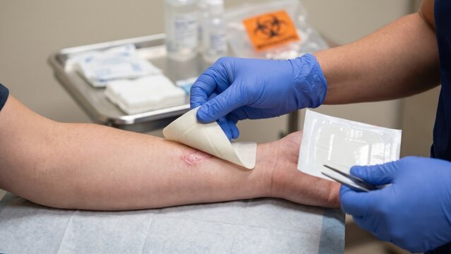 Medical Worker Changing Dressing on Sterile Wound During Outpatient Healing Treatment