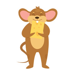 Obraz premium Funny mouse eating cheese. Stolen food, feeding rat time vector illustration