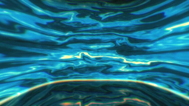 Wavy blue liquid surface with glowing reflections and chromatic aberration moving horizontally in a 3D fluid animation