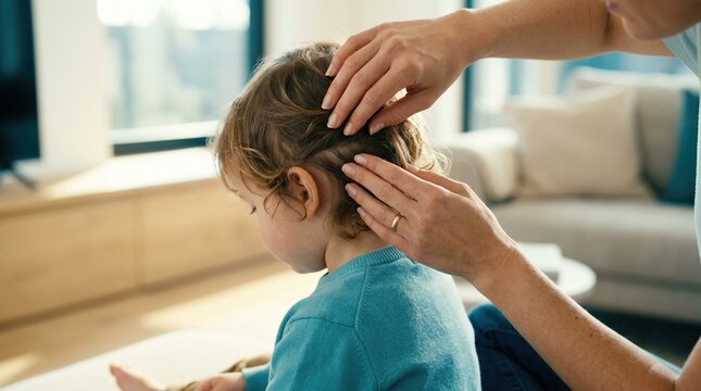 Mother checking her child's hair for lice. Parent performing a regular scalp inspection for pediculosis prevention and detection