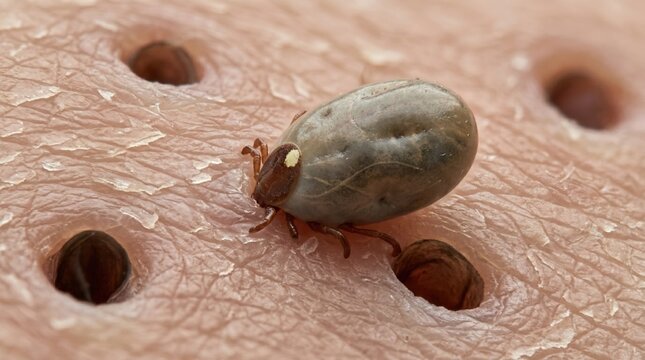 Macro close-up of an engorged tick embedded in human skin. Parasitic arachnid, a vector for Lyme disease. Health risk and outdoor safety