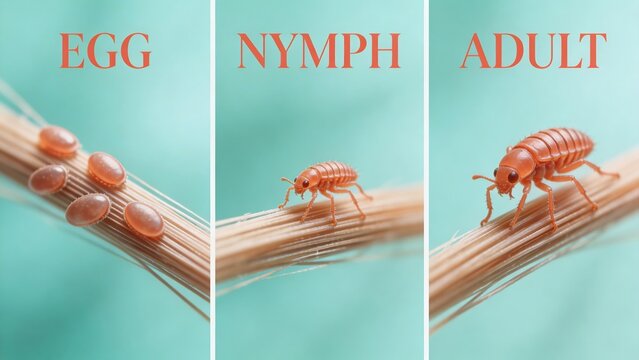 Vertical triptych of head louse life cycle stages: egg, nymph, adult. Macro illustration of pediculosis infestation. Entomology and hygiene education