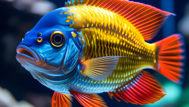Colorful cichlid fish swimming in a dark aquarium illustration