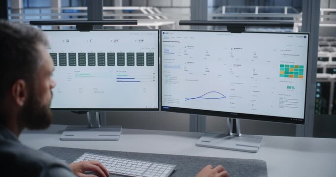 Data Center Engineer Responds to Detected DDoS Attack While Monitoring Network Infrastructure on Dual Displays, Supporting Cybersecurity, Threat Detection, Incident Response, and Service Continuity.