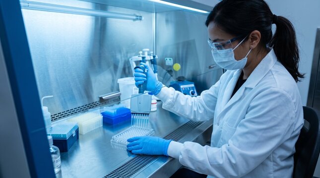 Scientist pipetting sample into microplate inside biosafety cabinet
