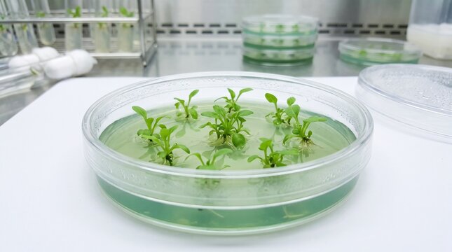 Plant tissue culture micropropagation plantlets in sterile petri dish