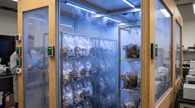 Indoor mushroom mycelium cultivation chamber with mist and led lights