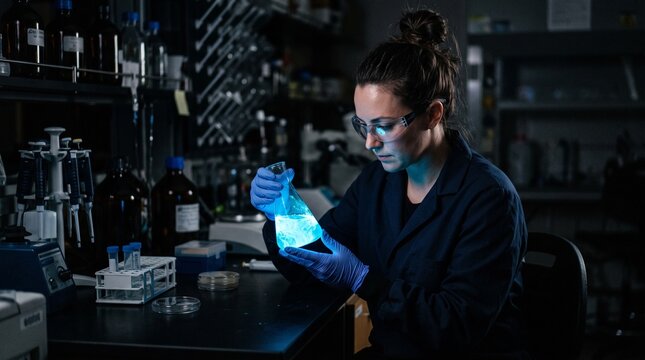 Bioluminescent bacterial culture glowing in glass flask in dark lab
