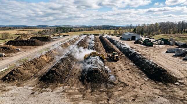 Industrial organic compost windrow piles steaming under open sky