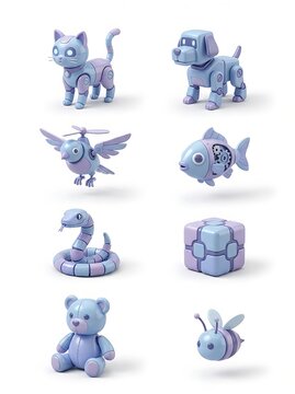Blue and purple robot animals and collection bird fish