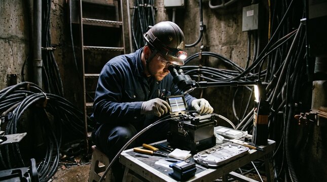 Fiber optic technician splicing telecom cables inside utility junction box