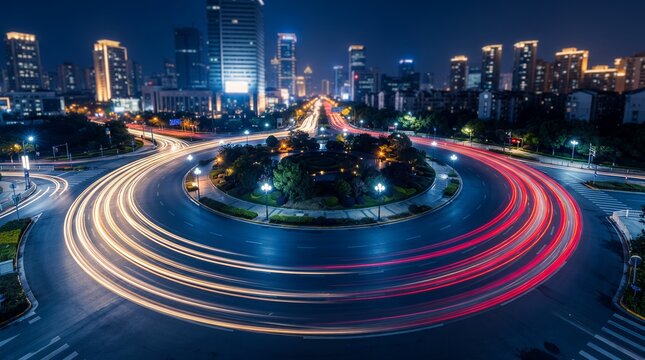 Long exposure shot of a bustling city roundabout at night with vibrant light trails from moving vehicles and illuminated skyscrapers in the background.