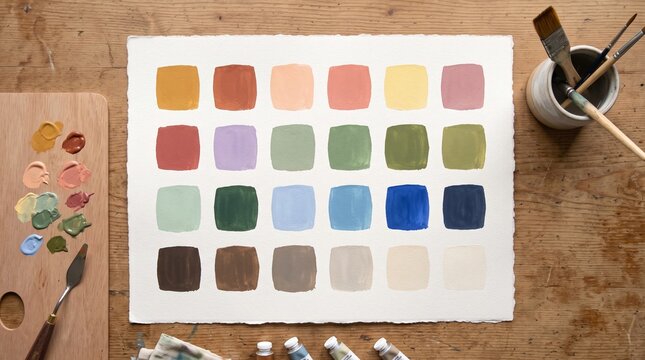 Minimalist gouache color swatches test sheet on textured paper flat lay