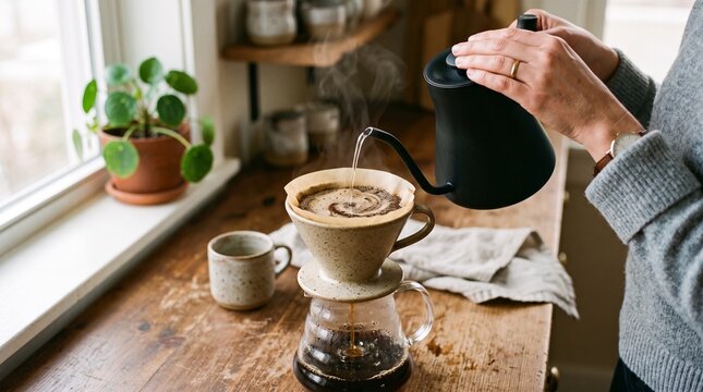 Pour over coffee brewing with gooseneck kettle and blooming coffee grounds
