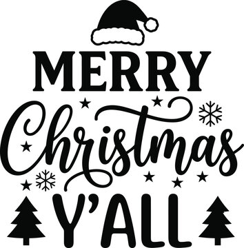 Merry Christmas Yall typography design with Santa hat and pine tree icons for holiday decor