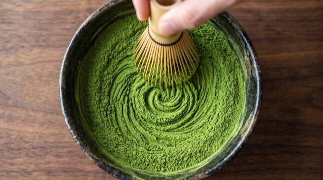 Matcha green tea fine powder surface with swirl rake pattern