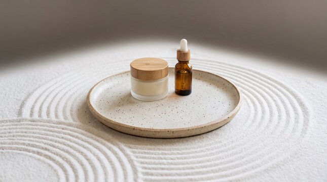 Ceramic display disk on white quartz zen sand for product mockup