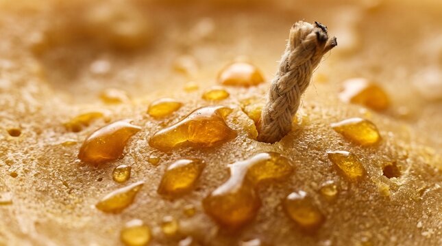 Close-up of natural golden beeswax candle with honey aroma texture