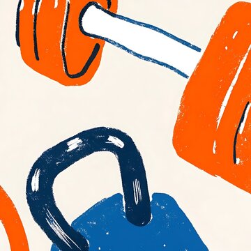 Hand Drawn Illustration of Fitness Equipment Including Kettlebell and Barbell exercise