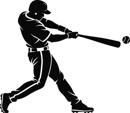 Dynamic black silhouette of baseball player hitting ball during swing for sports team logo design.