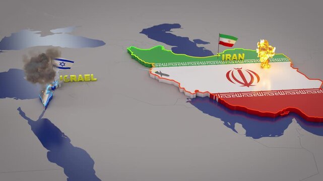 3D map illustrating geopolitical conflict and military tension between Israel and Iran with flags, missiles, and explosions.
