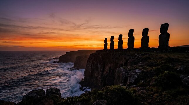 Ancient Moai statues silhouetted against a dramatic orange and purple sunset over the Pacific Ocean on Easter Island, Chile.