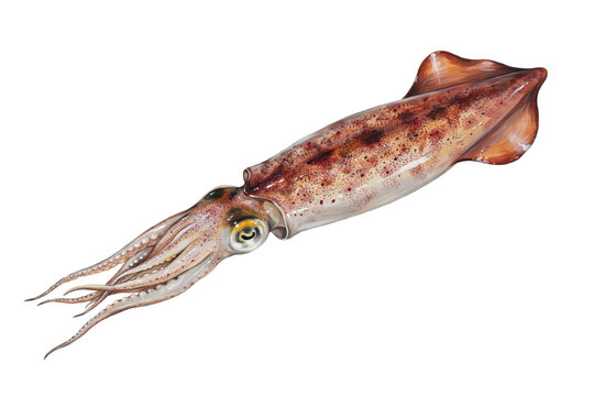 Detailed of a brown speckled squid with long tentacles and fins, viewed from a side angle isolated on a transparent background