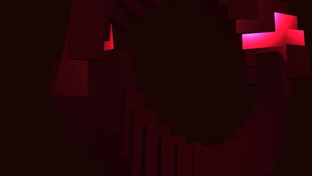Glowing red circular ring formation made of digital blocks floating in deep dark space environment