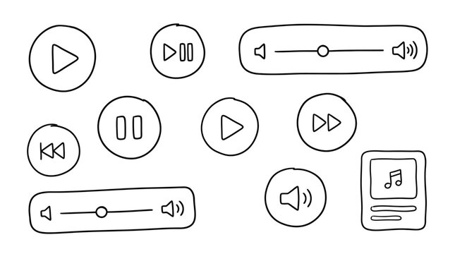 Hand-drawn doodle media player icons set with play pause skip and volume controls in sketch style